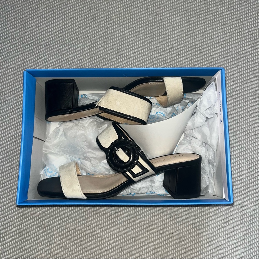 Jack Rogers Black And Beige Callie Suede And Leather Open Toe Slip On Block Heel